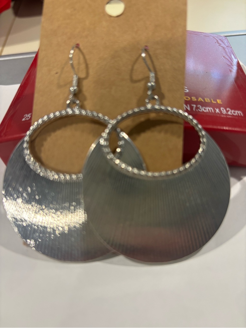 Silver Textured Hoop Drop Earrings -